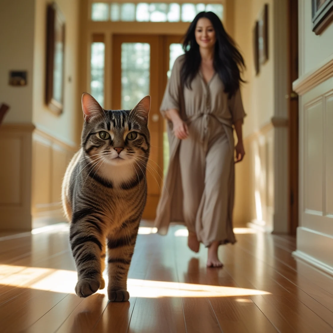 Tabby cat following its owner through a sunlit hallway at home