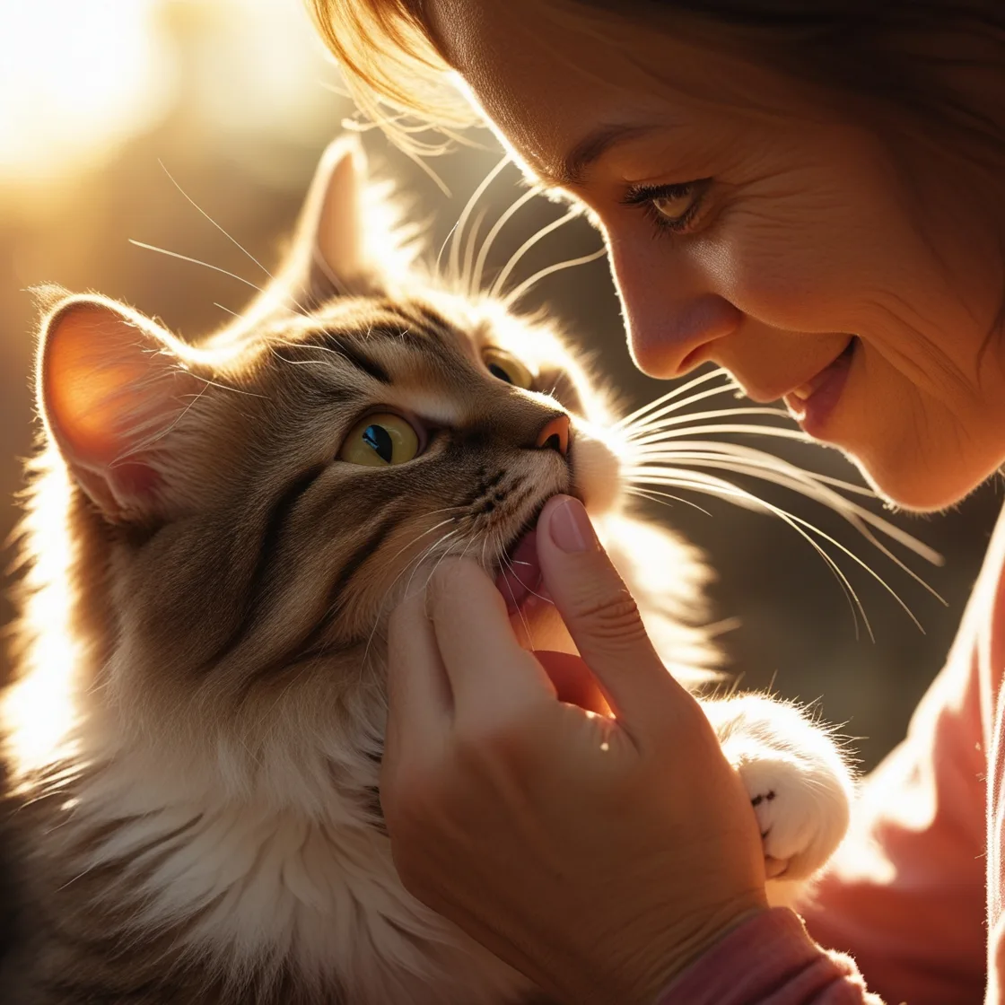 Cat gently nibbling owner's finger as a sign of affection