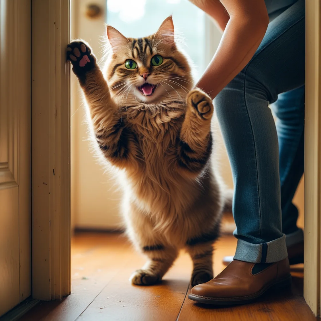 Cat greeting owner at the door with tail up and excited expression