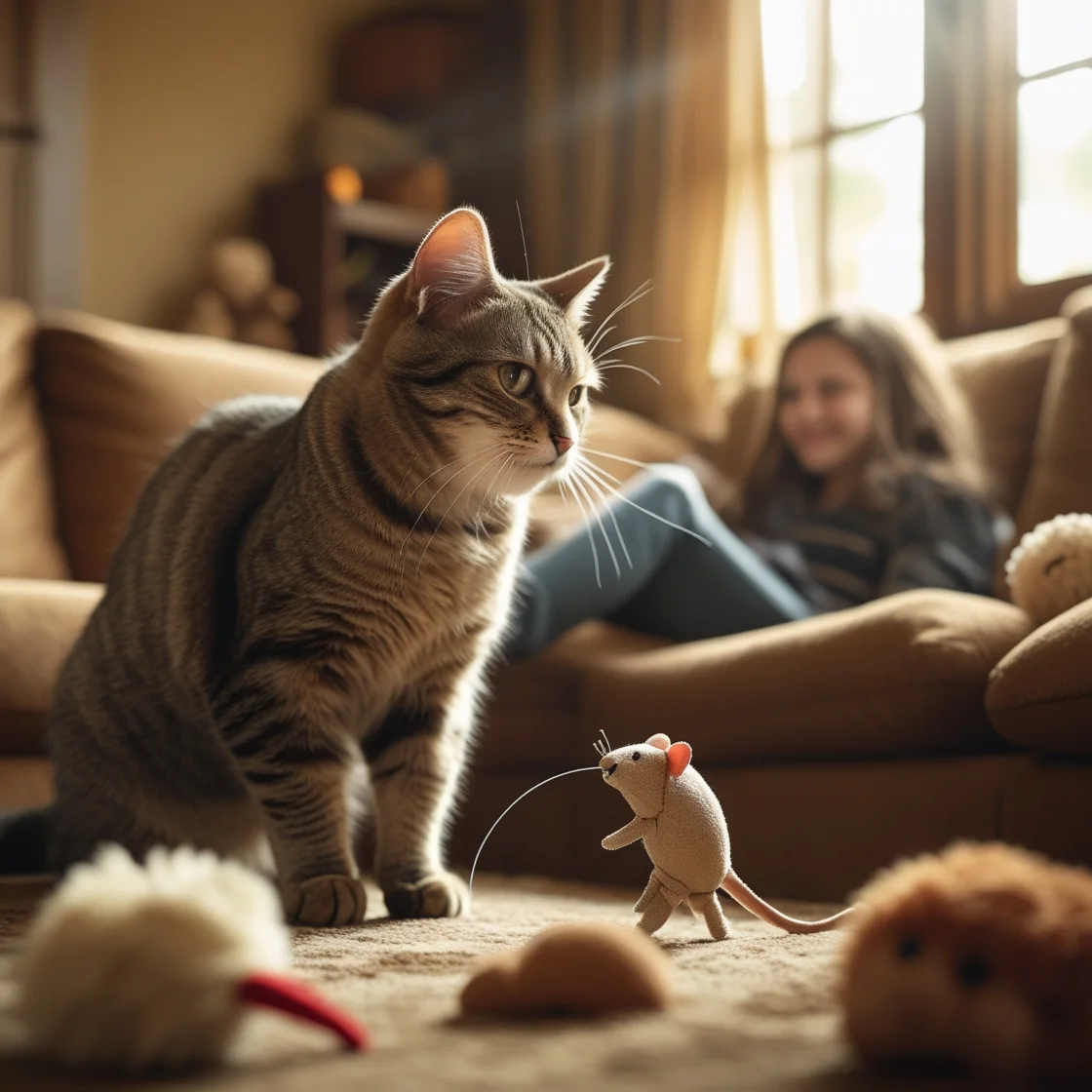 Domestic cat offering a toy mouse as a gift on the living room floor