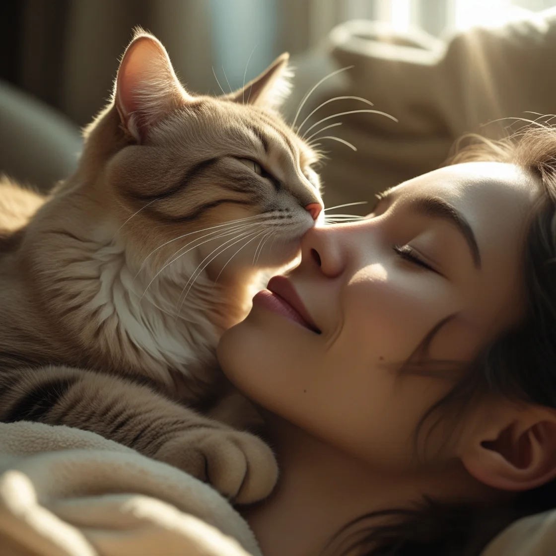 Real cat showing affection with a headbutt to its human's forehead – a sign of feline bonding