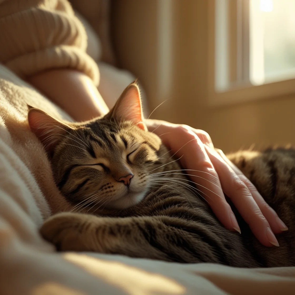 Tabby cat peacefully sleeping on owner's lap in a cozy indoor setting