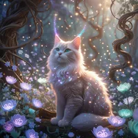 Fantasy AI-generated cats in enchanted forest surroundings