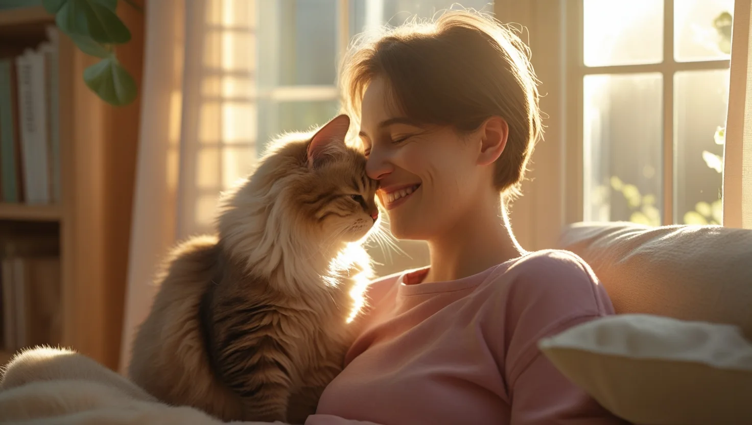 A fluffy cat affectionately headbutting its owner in a cozy sunlit room, symbolizing the emotional bond between cats and humans.