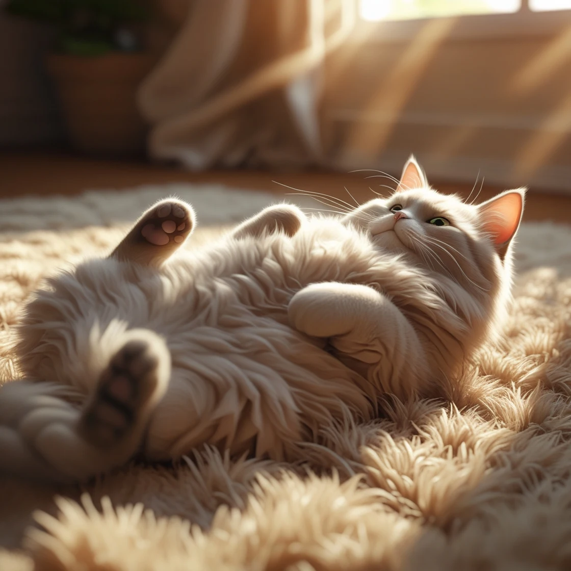 Fluffy cat lying on its back with belly exposed, showing trust on a cozy rug