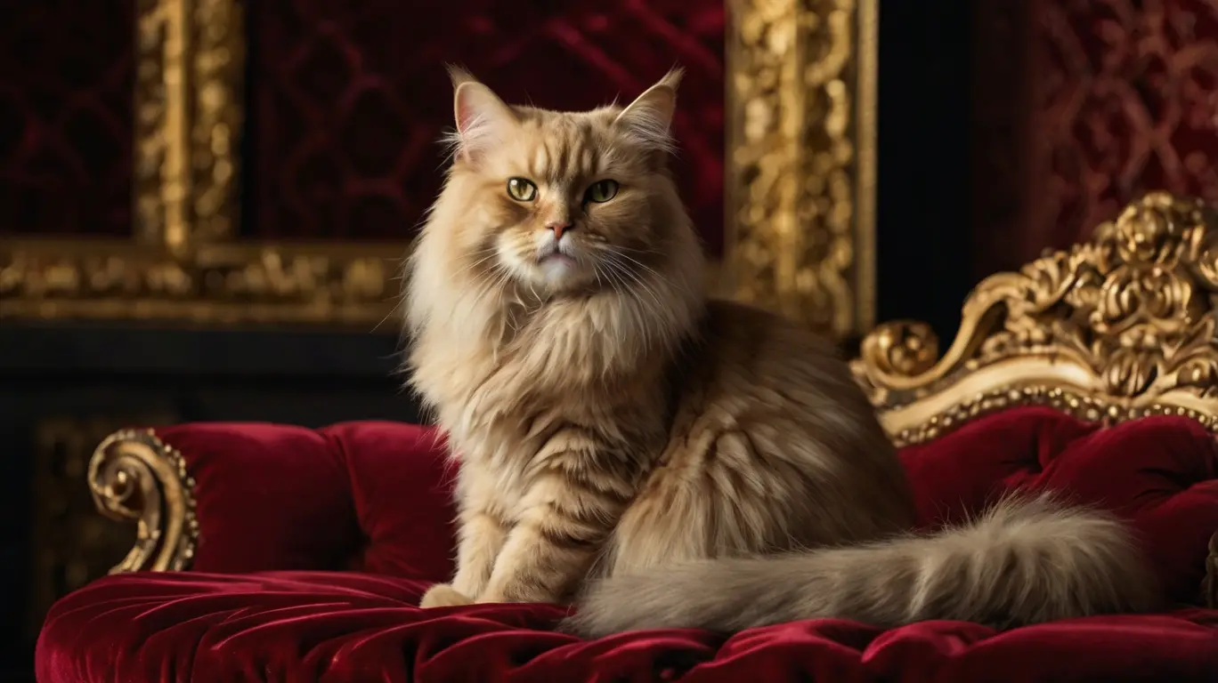 Elegant Persan cat sitting on a royal red velvet cushion with golden background