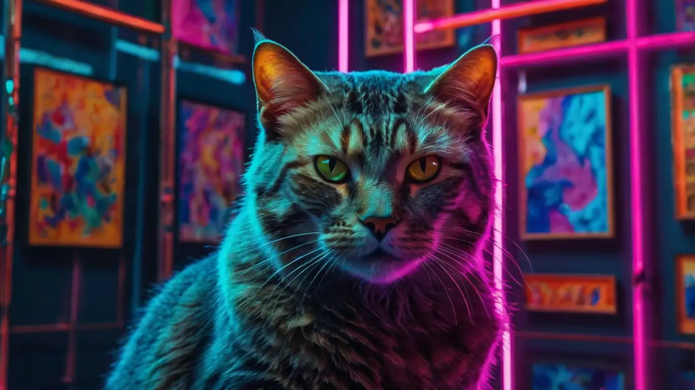 AI-generated cat artwork with colorful brushstrokes and art frames, representing creative cat art gallery