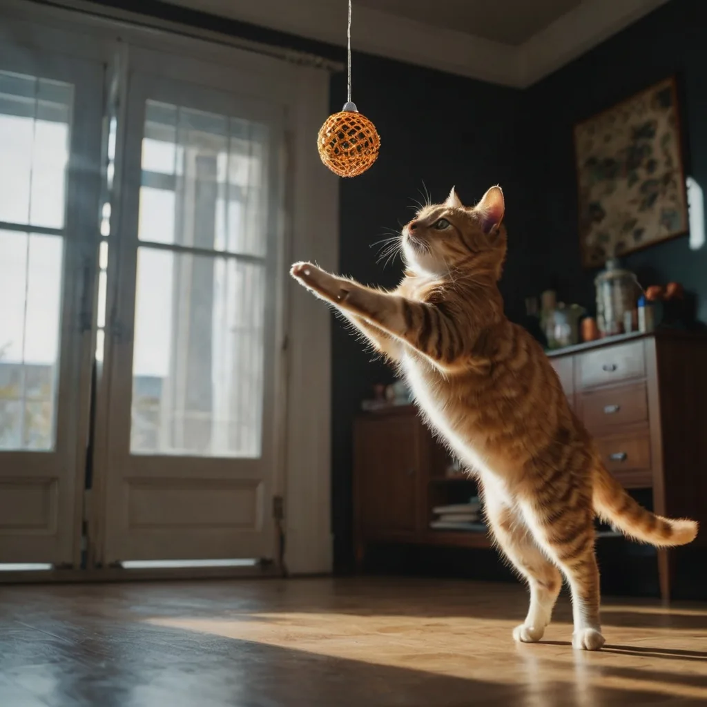 Action shot of playful cat jumping, using burst mode for cat photography at home