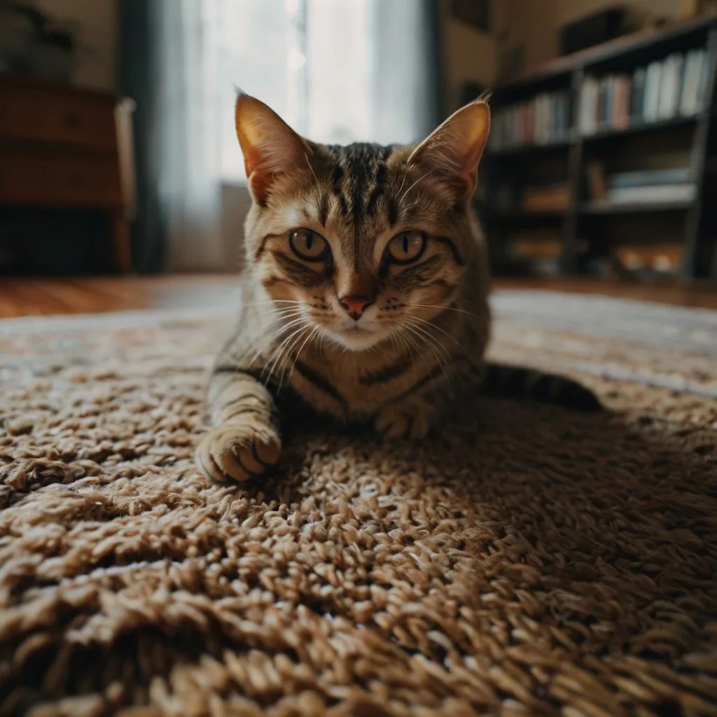 Eye-level shot of cat sitting on floor, realistic cat photography at home