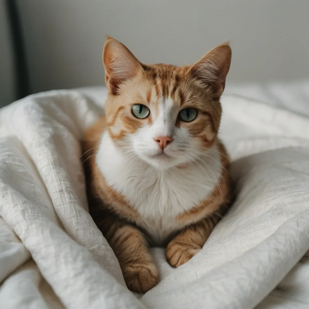 Simple background with cat sitting calmly, minimalist cat photography at home