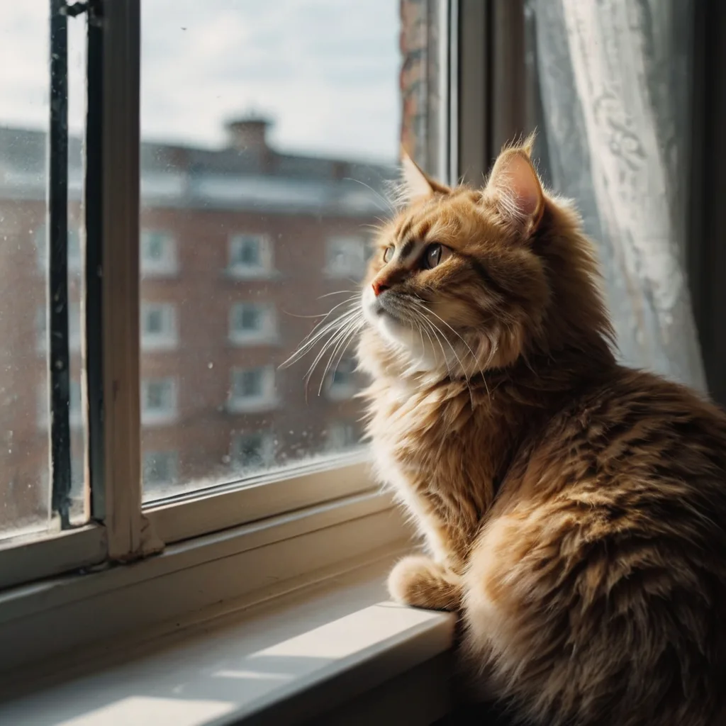 Cat sitting by window with soft natural light, example of cat photography at home