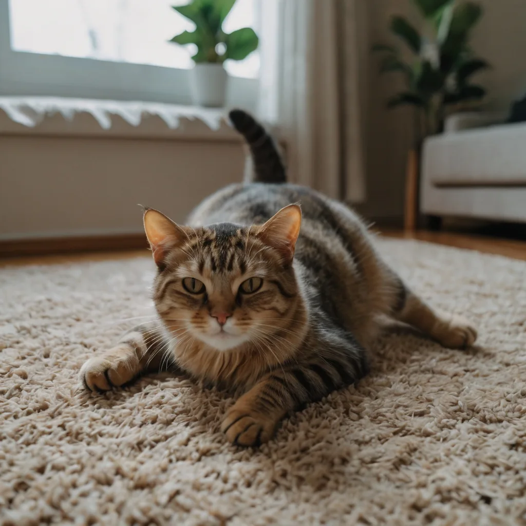 Candid photo of a cat stretching indoors, natural cat photography at home