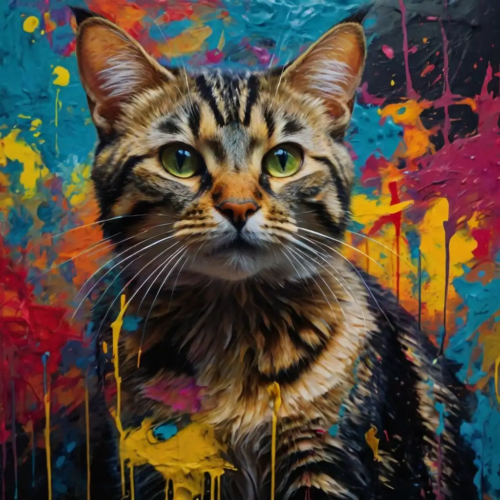 AI-generated abstract cat artwork with bold brush strokes and vibrant colors