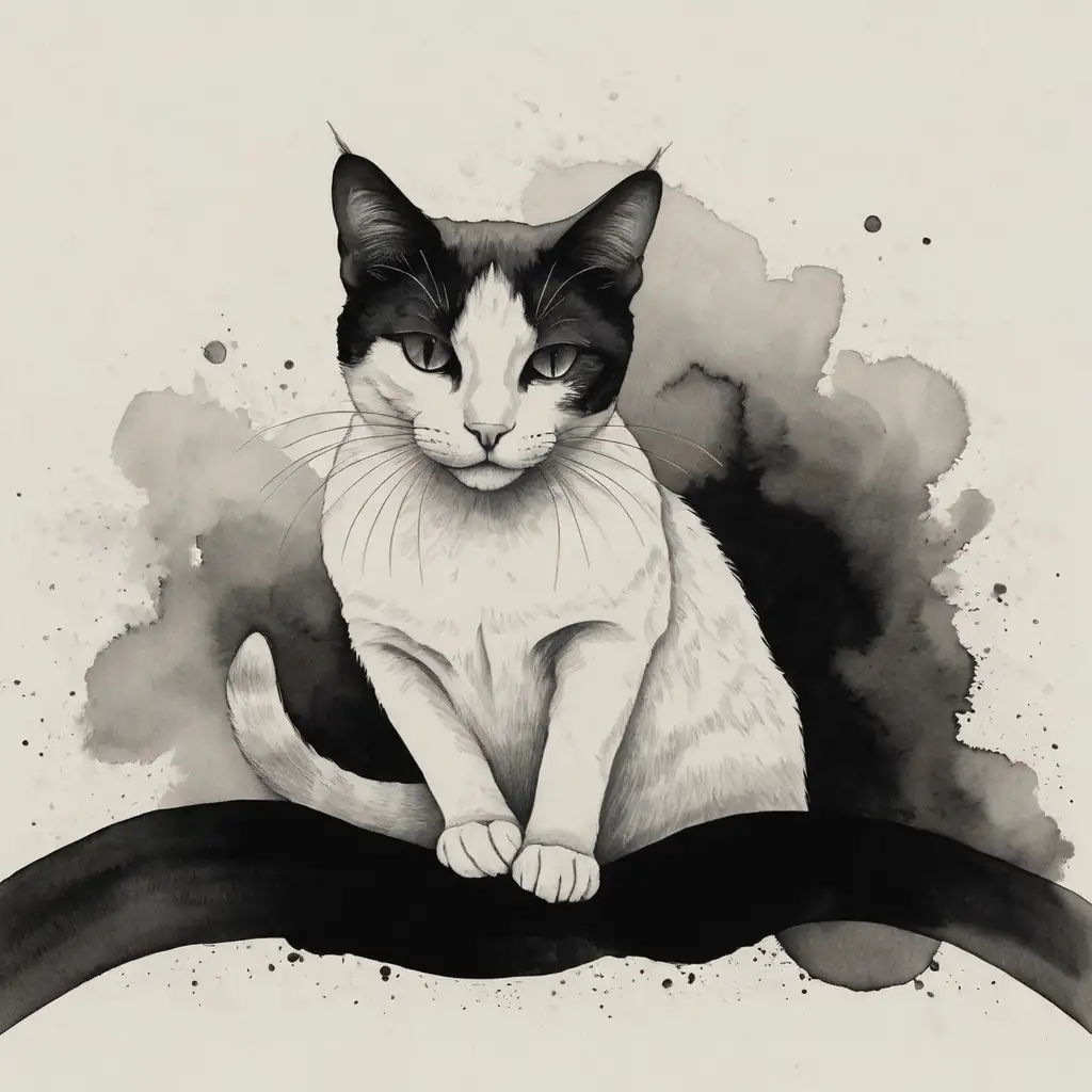AI-generated minimalist Zen-style ink drawing of a cat sitting quietly