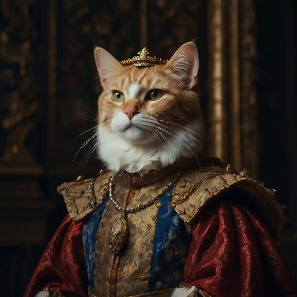 AI-generated Renaissance cat portrait in royal clothing with dramatic lighting