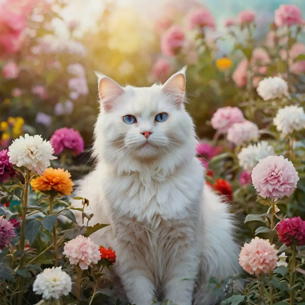 AI-generated watercolor cat art in a flower garden with pastel tones