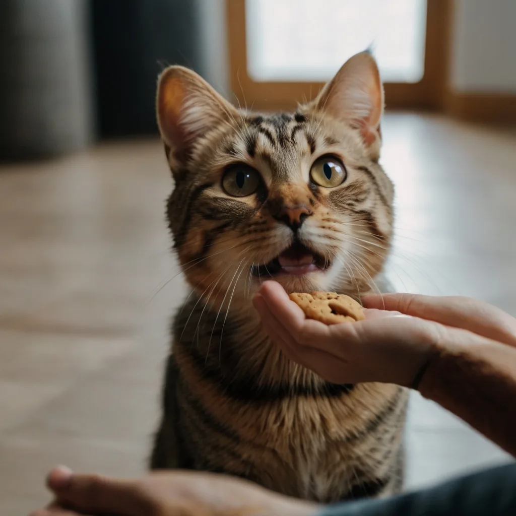 Cat focused on treat, showing attention-grabbing trick for cat photography at home