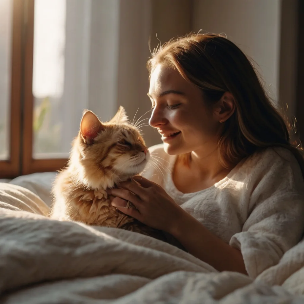 Cat owner giving their cat a gentle morning greeting in bed