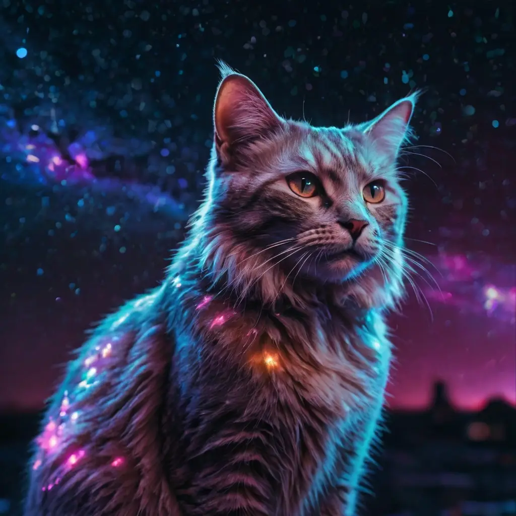 AI-generated fantasy galaxy cat with neon colors