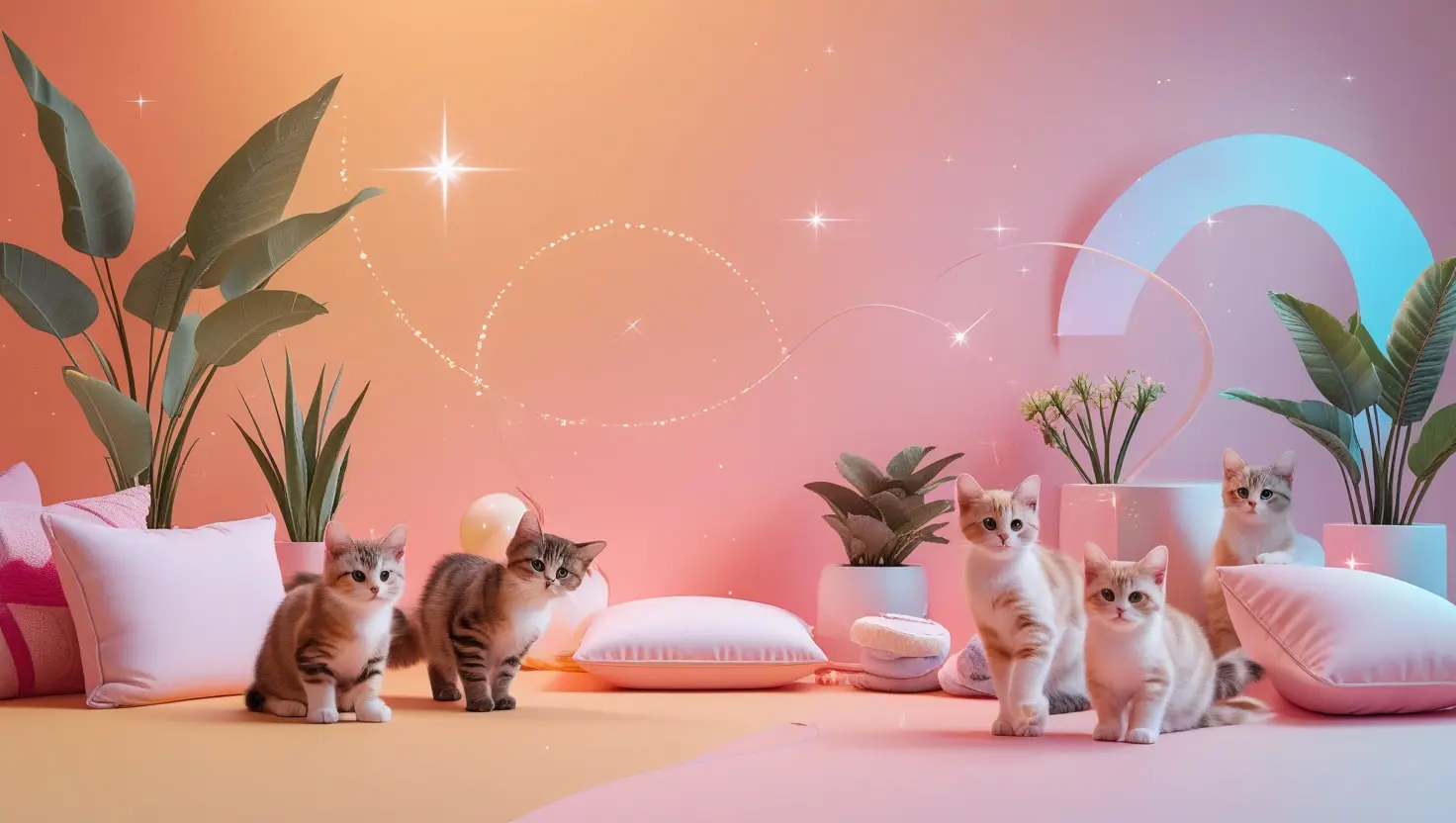 Interactive cat games banner – playful cat with toys in cozy living room