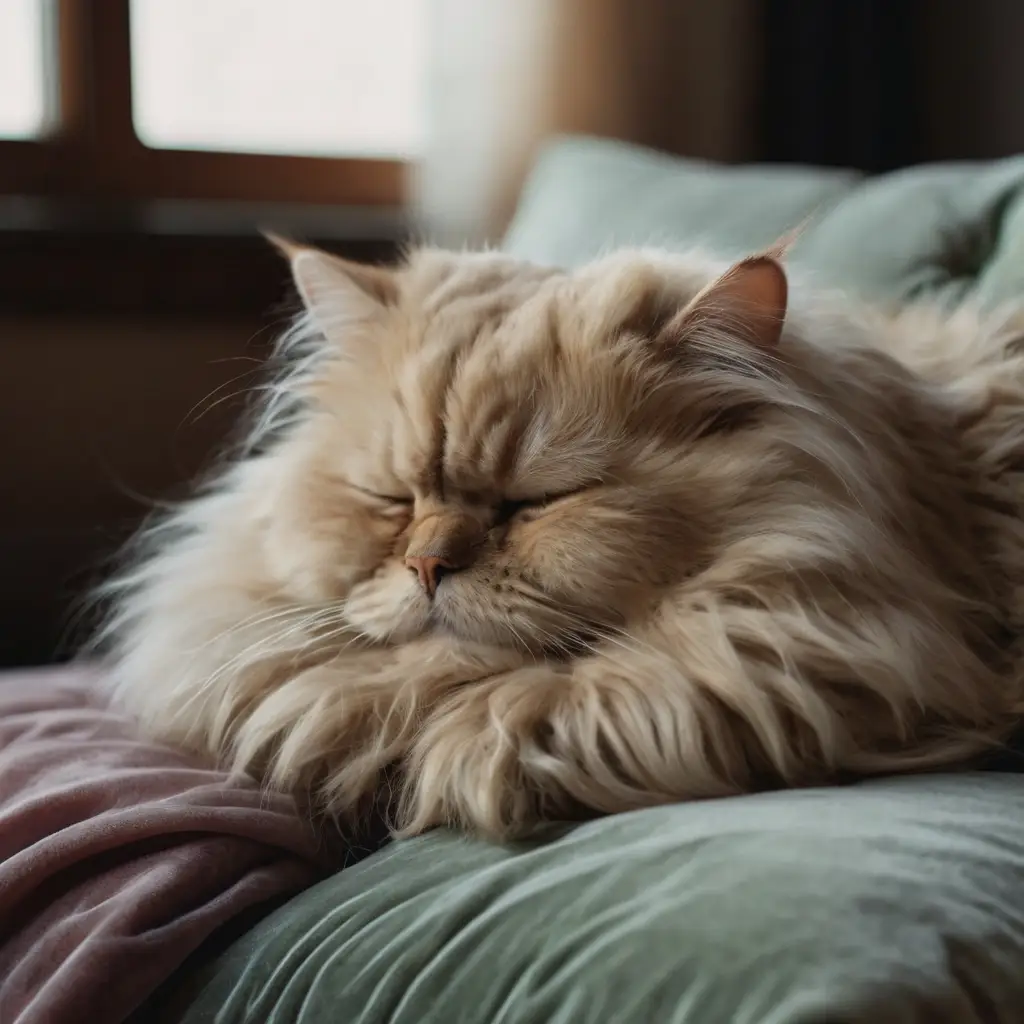 Calm Persan cat relaxing by the window with gentle expression
