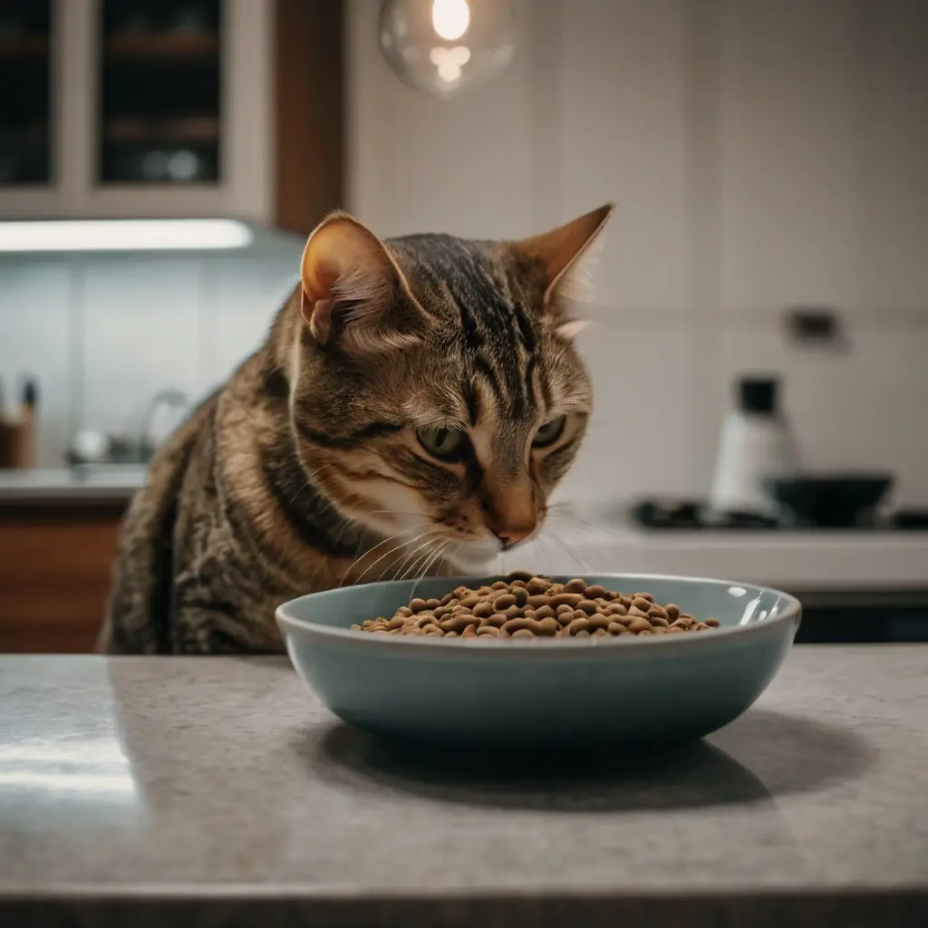 Smart cat eating a healthy diet from a clean food bowl for proper feline nutrition