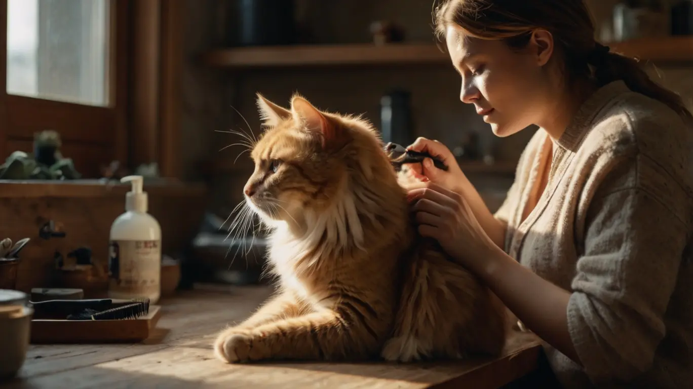 Calm cat being brushed by owner at home – smart cat care tips