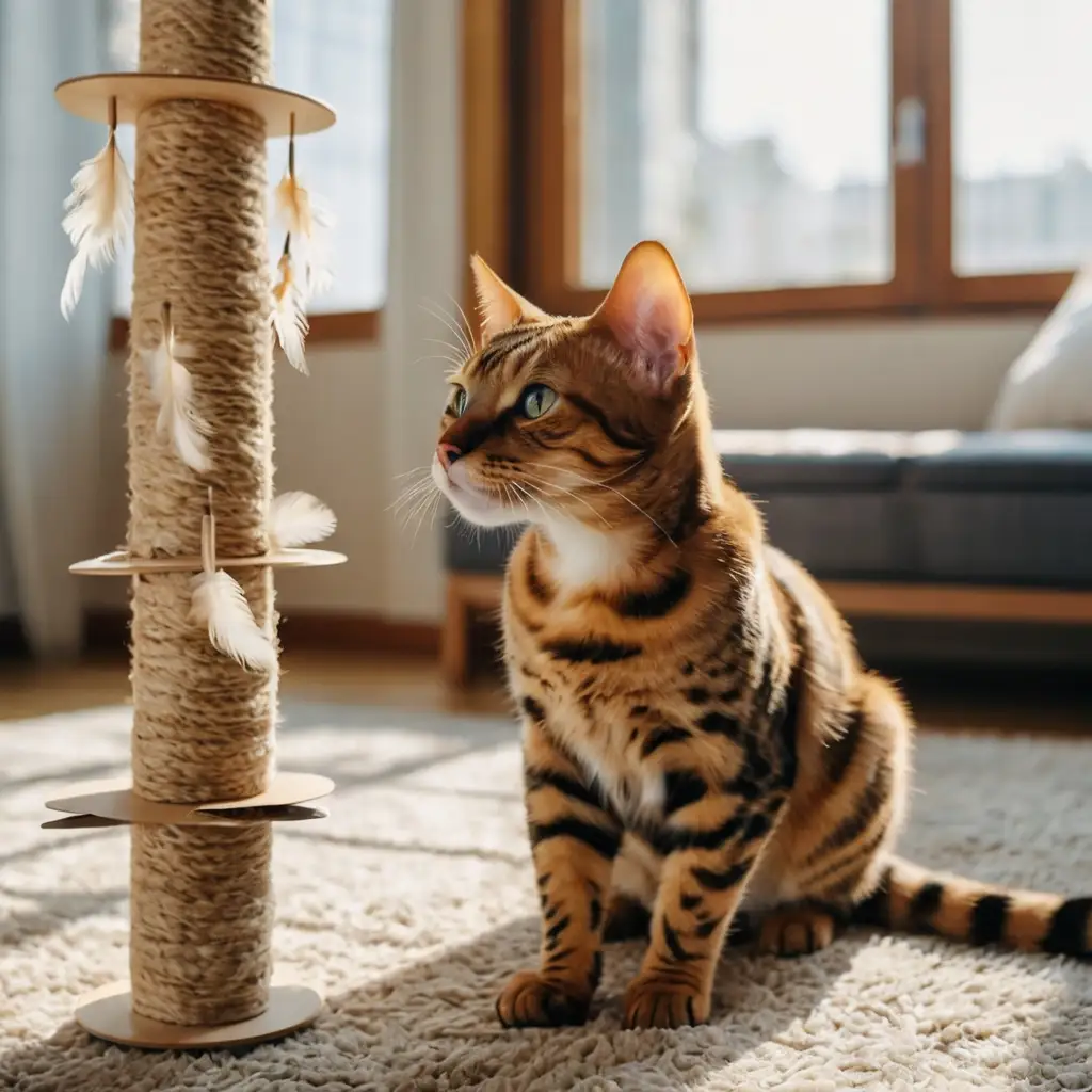Playful Bengal cat enjoying toys and enrichment activities at home