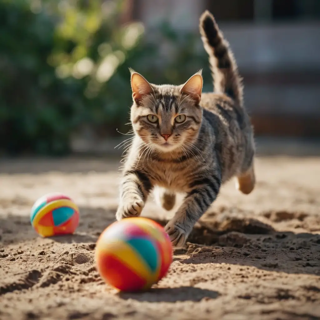 Creative cat photo capturing a cat mid-jump while playing with a colorful toy