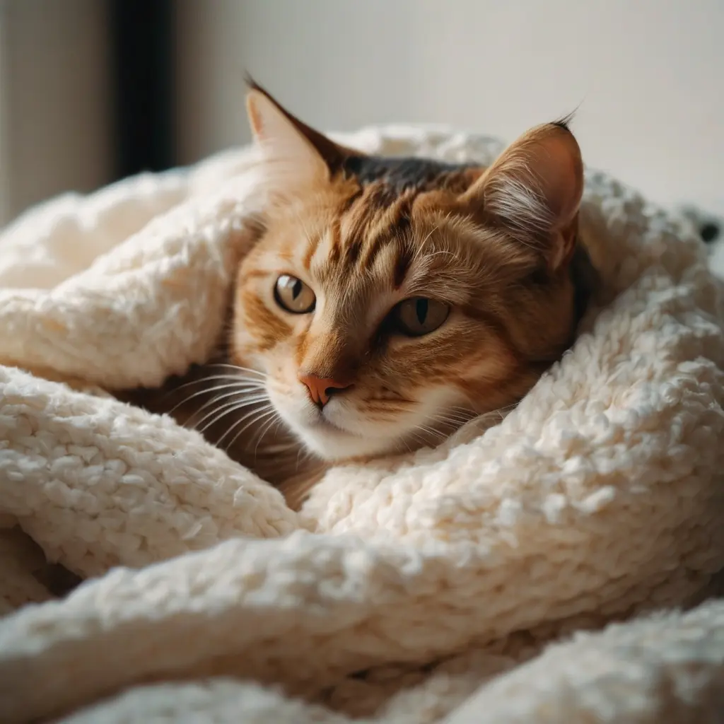 Creative cat photo of a cat snuggled in a fluffy blanket for cozy indoor photography