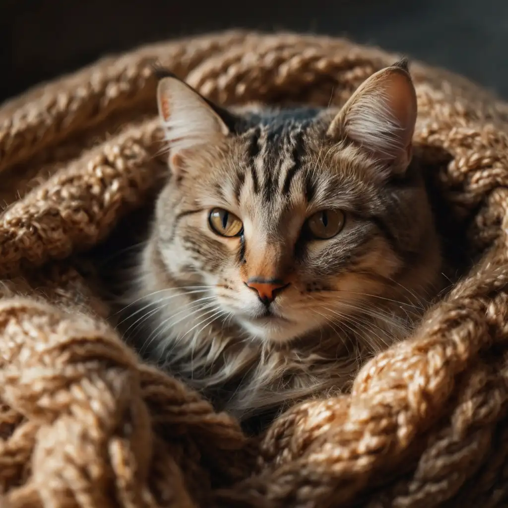 Creative cat photo of a cat curled up sleeping on a cozy knitted blanket
