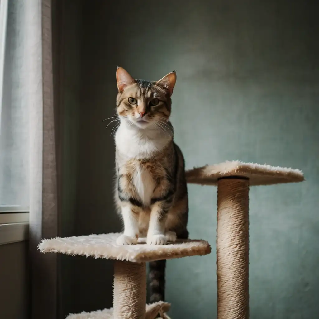Creative cat photo of a cat perched on top of a cat tree like a king