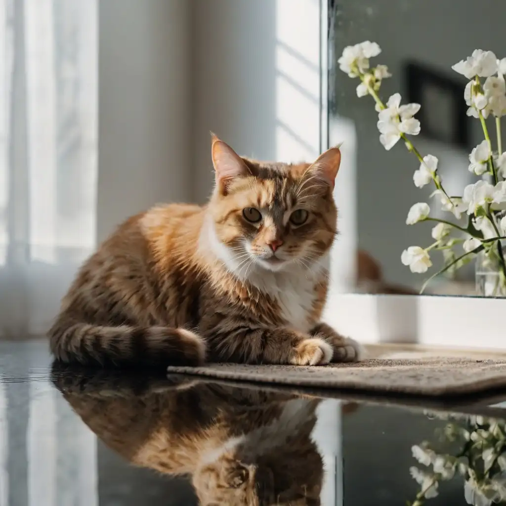 Creative cat photo of a cat sitting in front of a mirror with its reflection visible