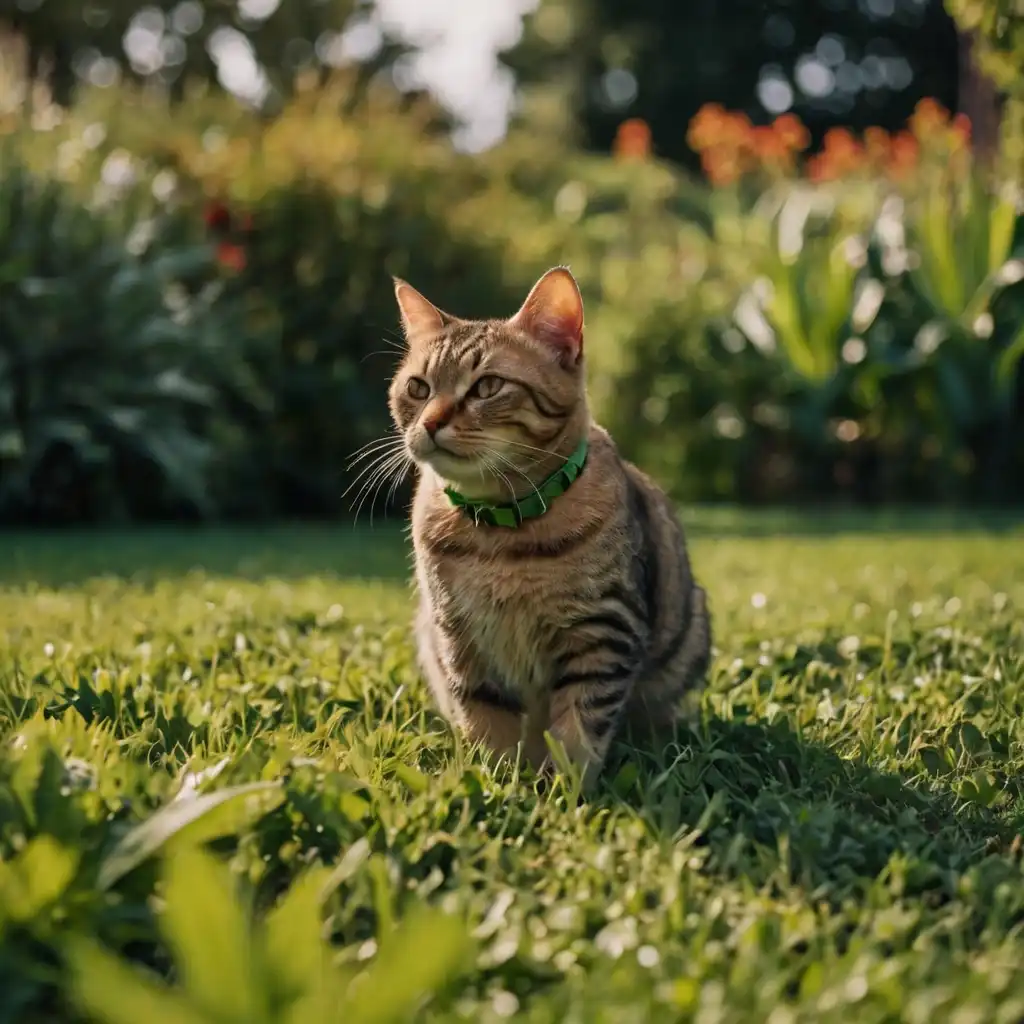  Creative cat photo of a cat exploring a garden on a leash in bright natural light