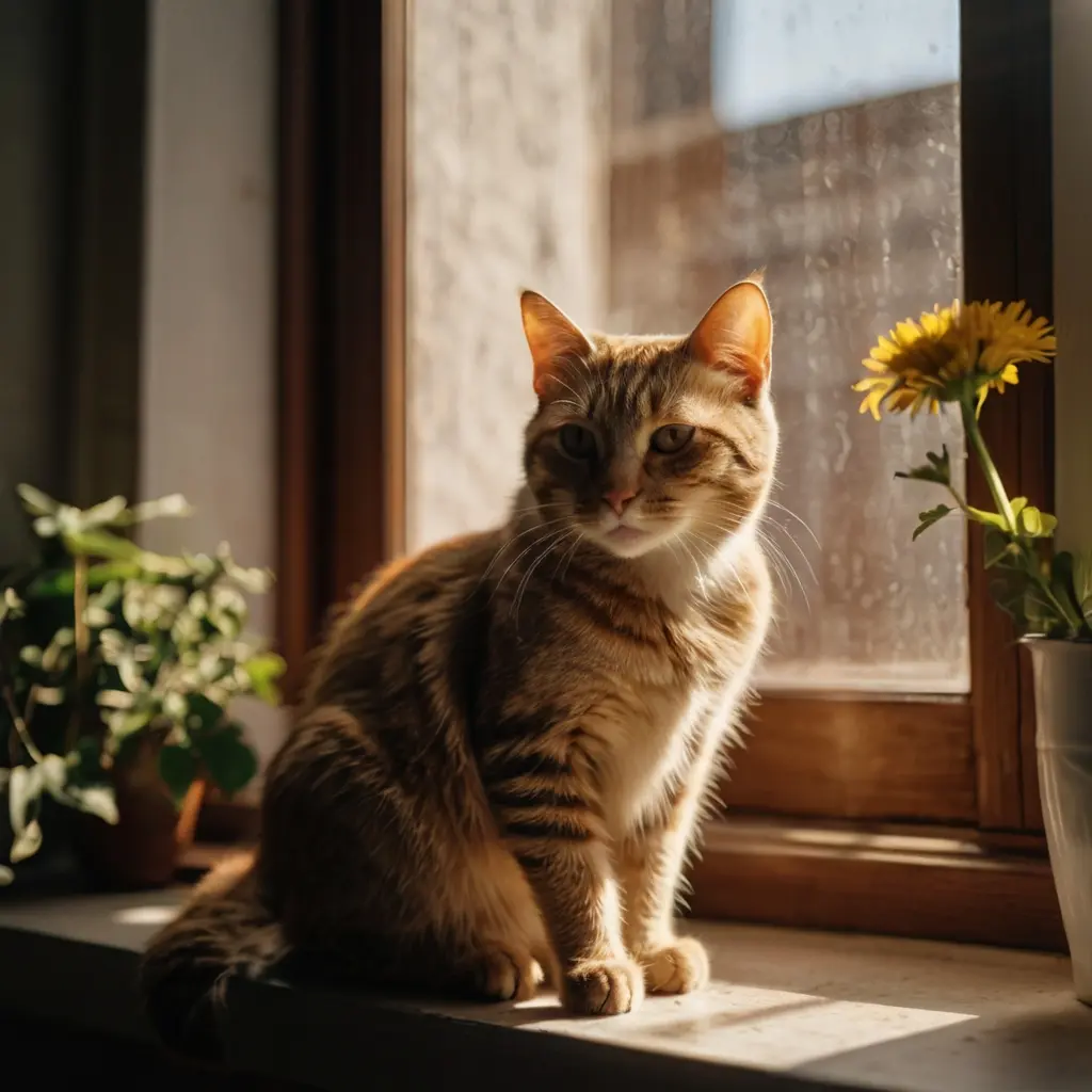 Creative cat photo pose of a cat gazing outside a sunny window for natural light photography