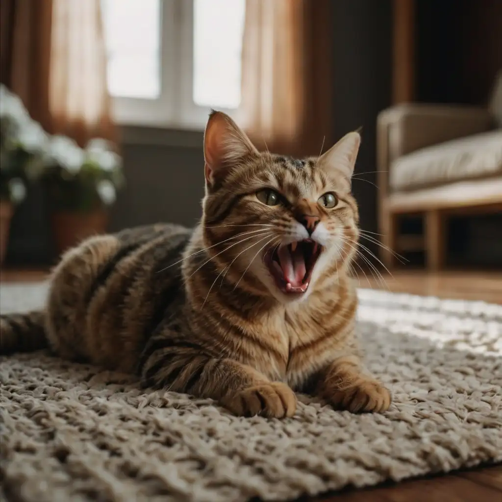 Creative cat photo of a cat caught mid-yawn in a cozy home setting