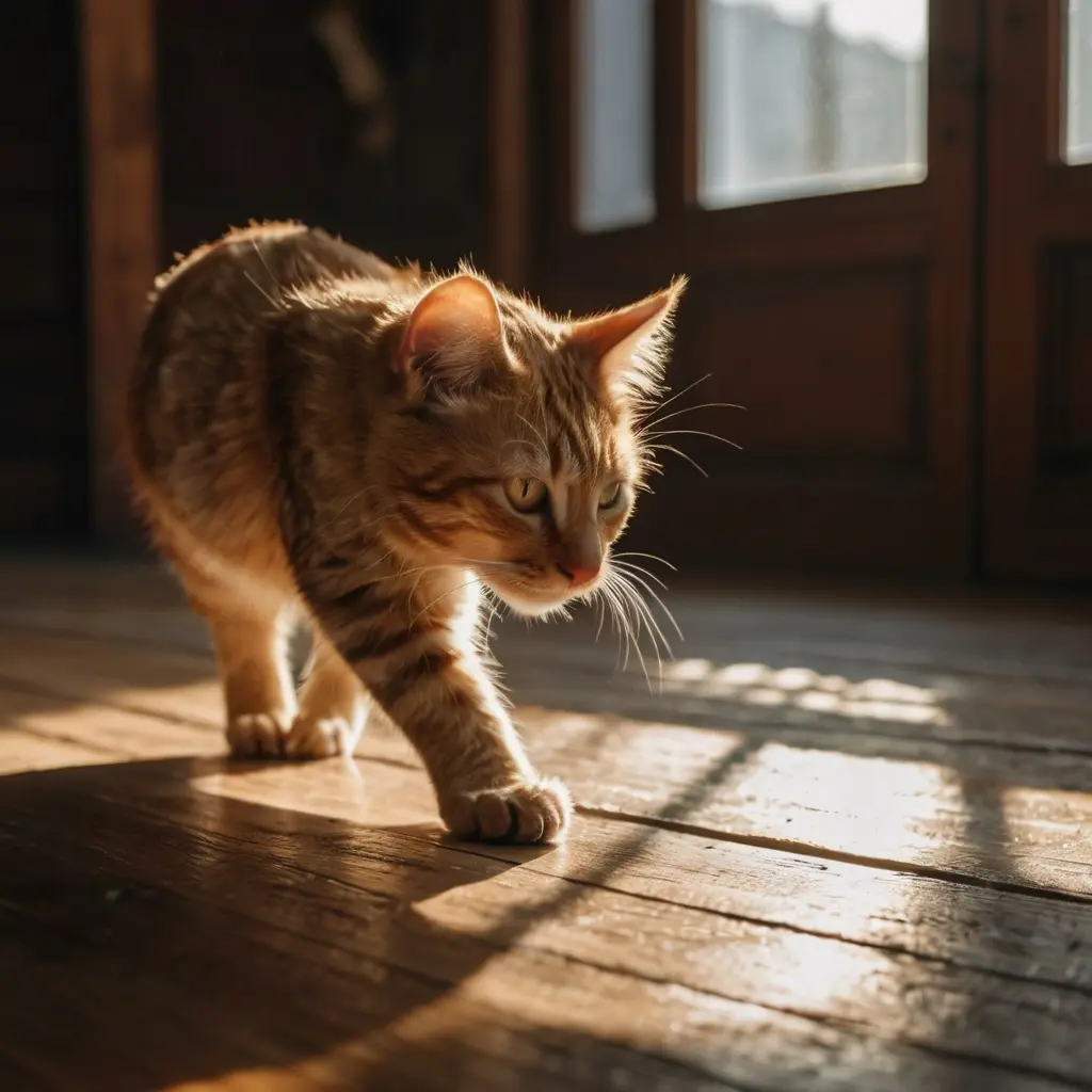 Creative cat photo pose showing a cat stretching on a wooden floor in natural light