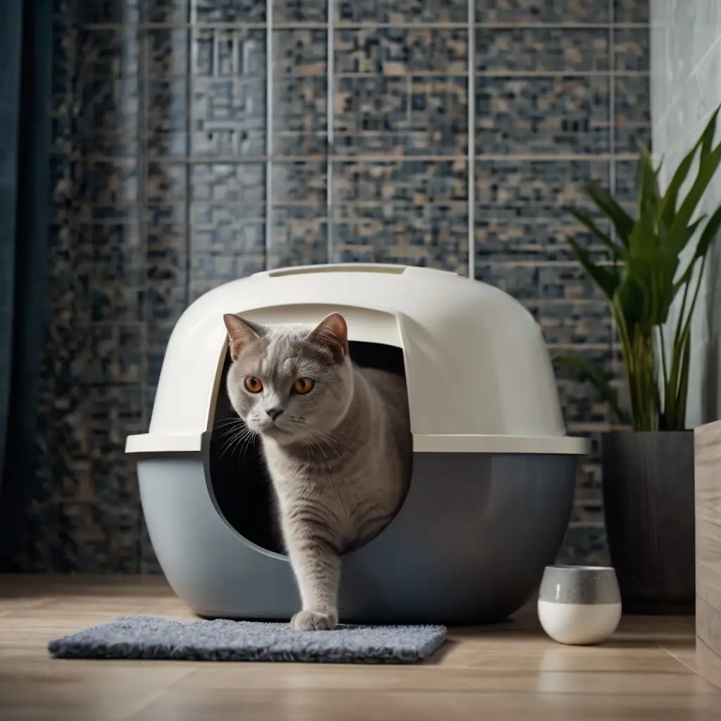 Clean litter box hygiene tip with British Shorthair cat in modern home

