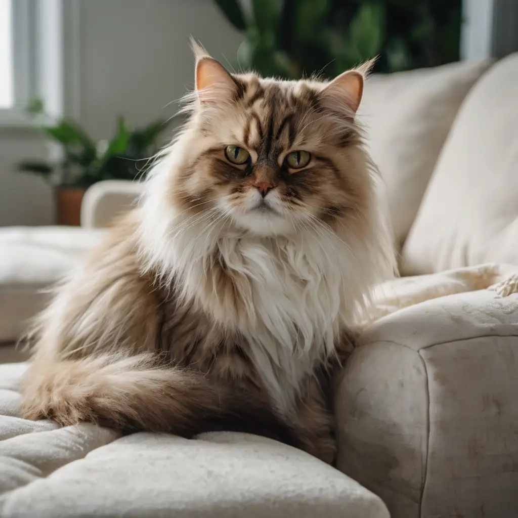 Persan cat calmly sitting on a modern apartment couch

