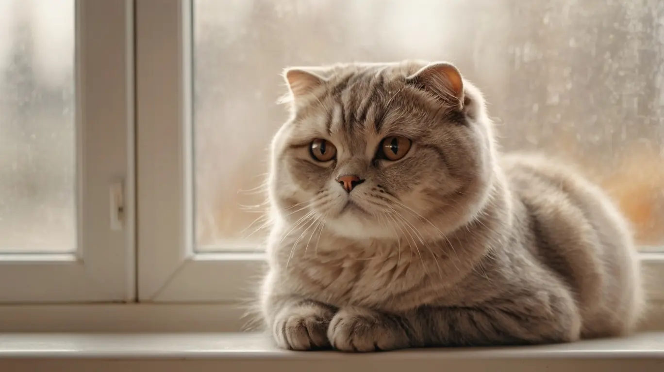 Adorable Scottish Fold cat sitting on a windowsill with folded ears and soft lighting
