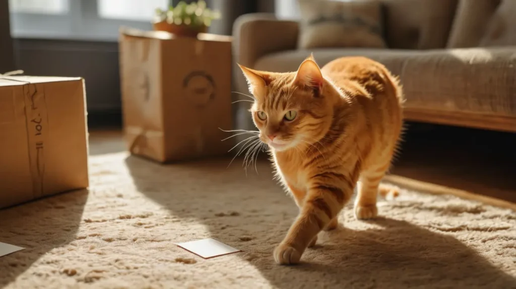 Cat Games at home: tabby cat pouncing between cardboard boxes and a handle-free paper bag tunnel in a sunny living room