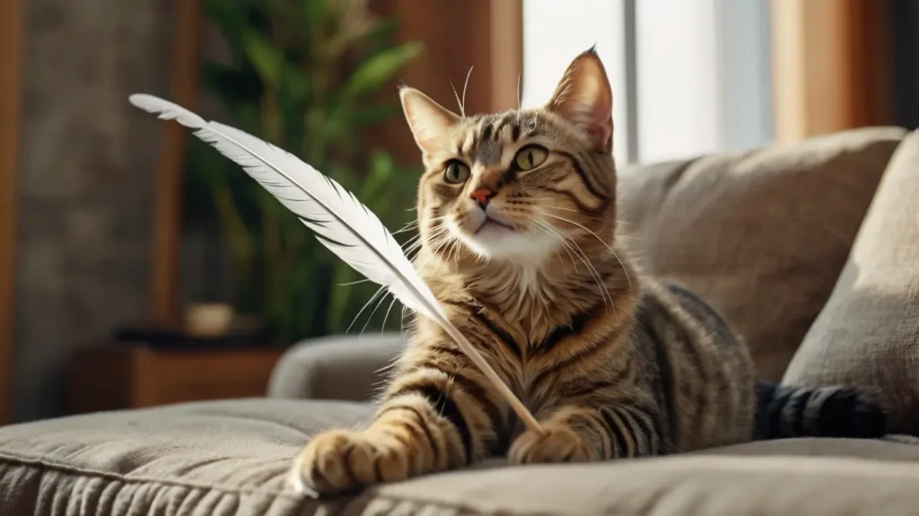 Cat Games: tabby cat leaping to catch a feather lure on a wand toy in a cozy living room