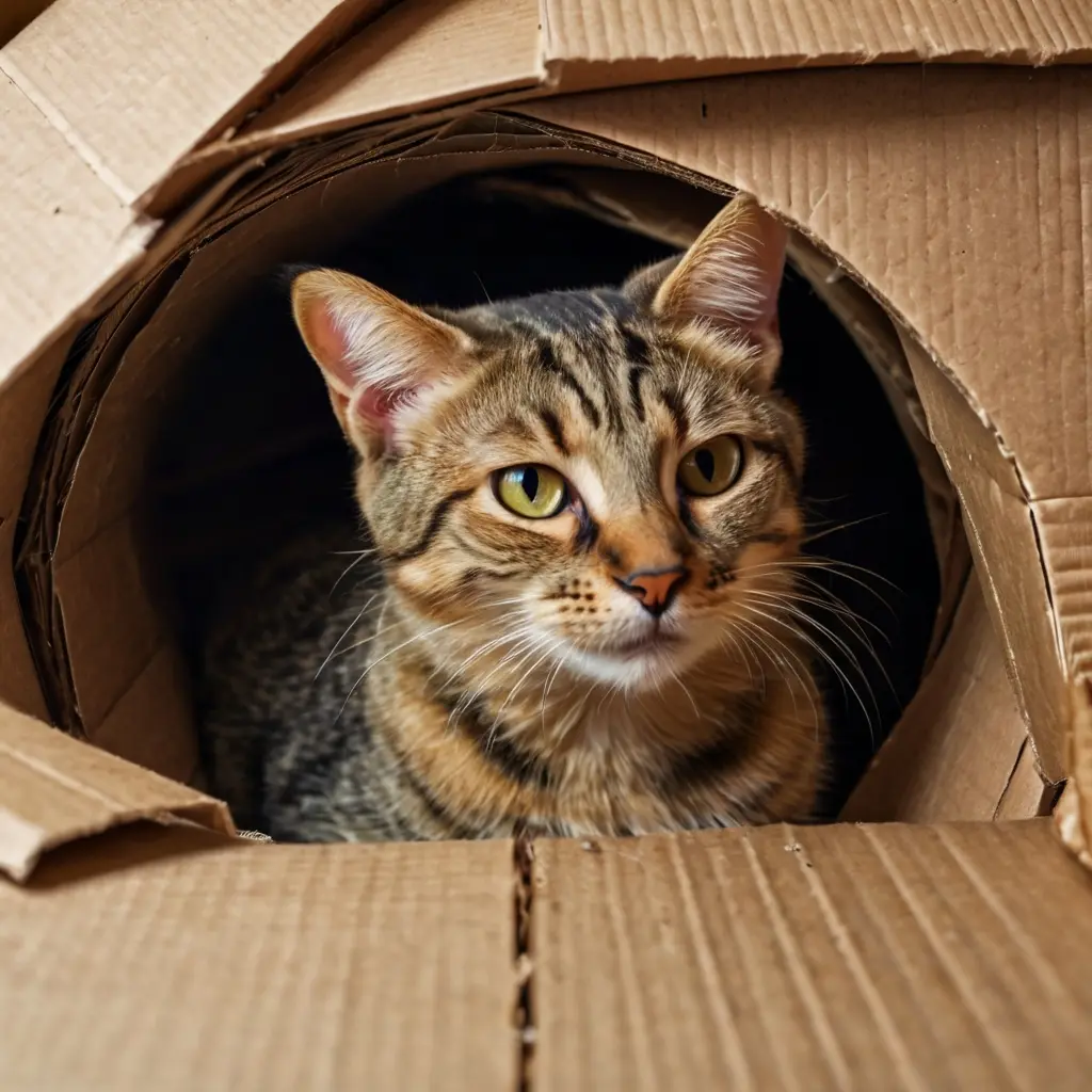 Cat exploring DIY enrichment activities for cat lovers with cardboard tunnels and hideouts