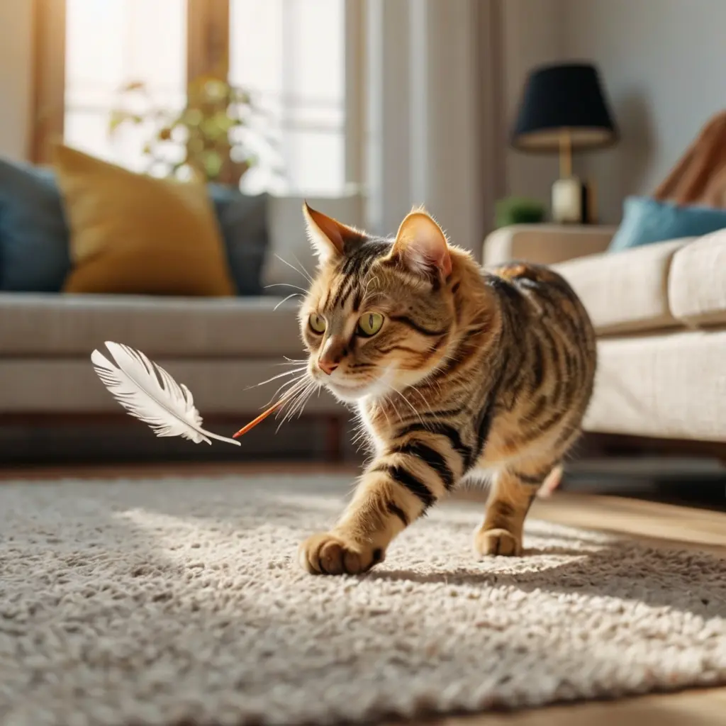 Domestic cat enjoying interactive playtime activities for cat lovers with a feather wand.
