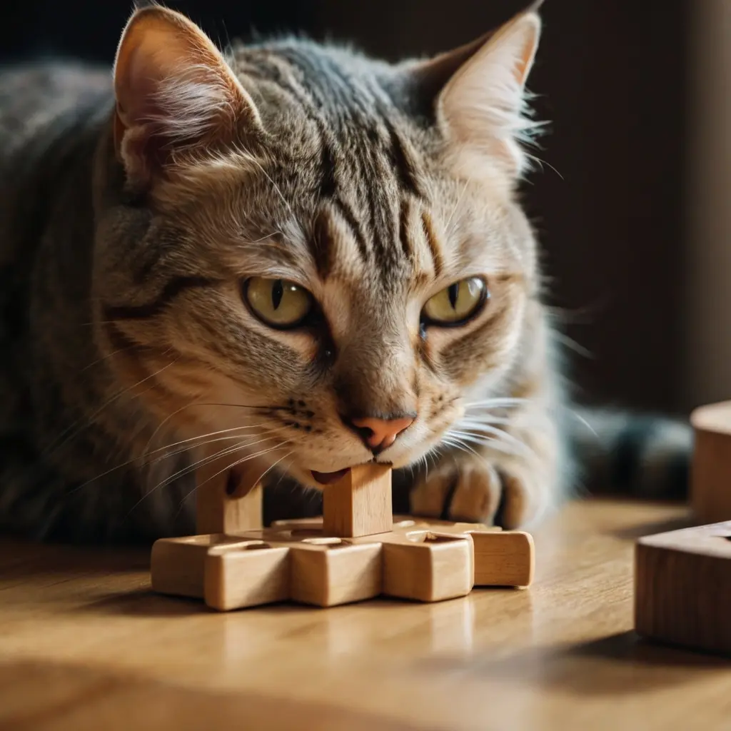 Cat solving a puzzle feeder with treats inside, curious and focused expression, natural light.