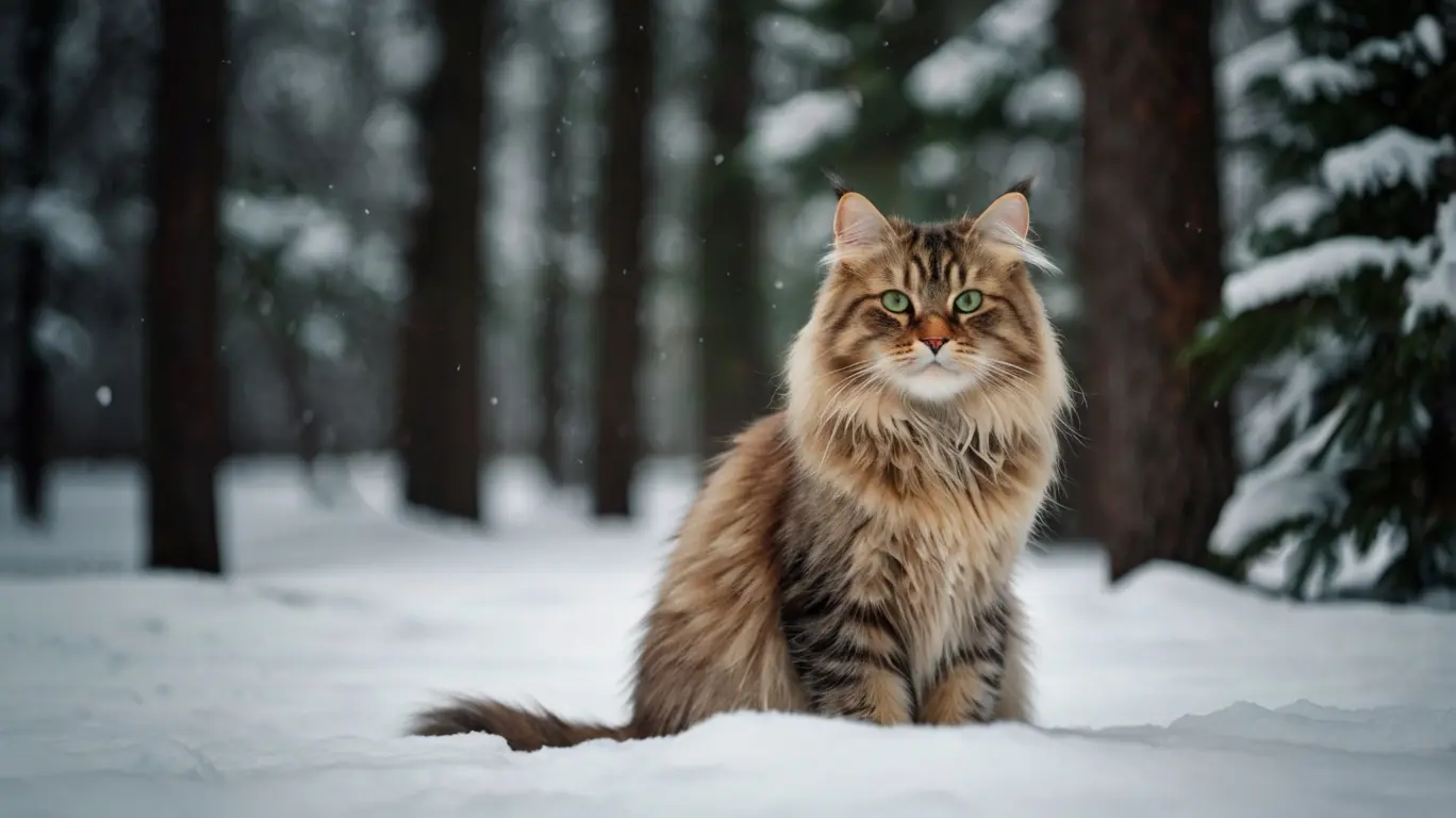 Siberian cat breed sitting in snowy forest with thick fur and green eyes – hypoallergenic feline