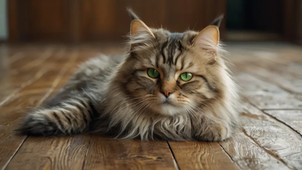Playful Siberian cat breed with thick fur laying on floor indoors