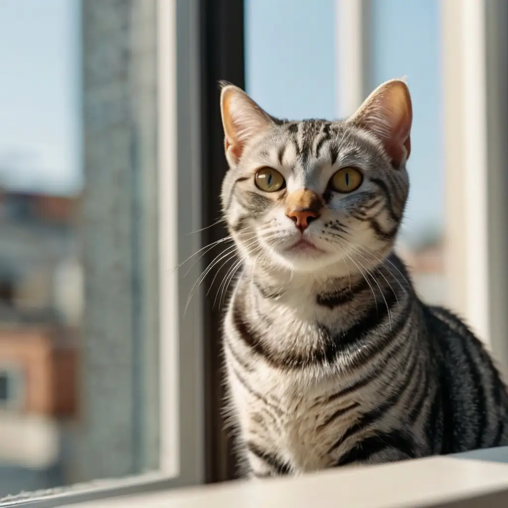 American Shorthair cat with silver tabby coat, one of the most popular cat breeds, sitting calmly on a windowsill.