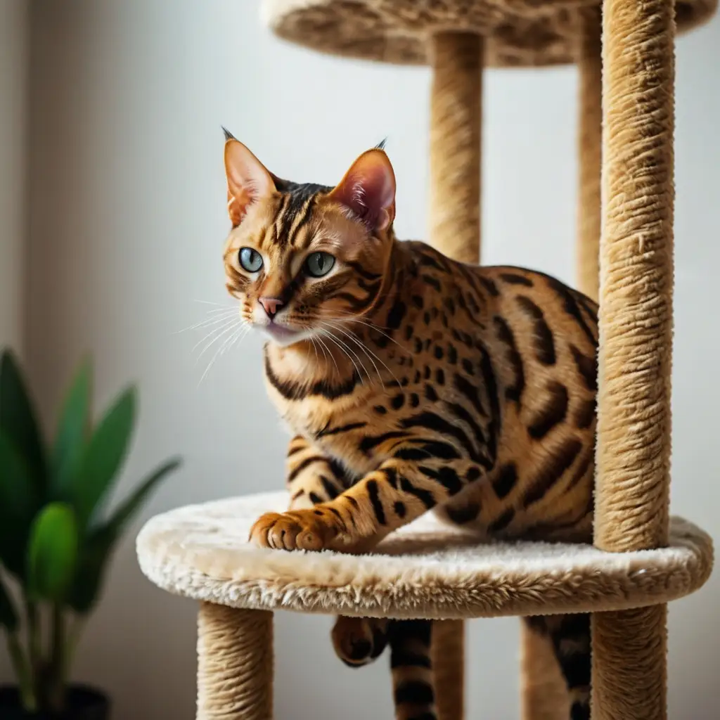 Bengal cat with rosetted coat, one of the most popular cat breeds, climbing a cat tree.