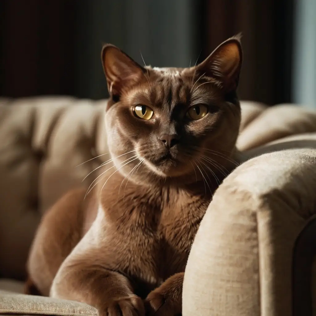 Burmese cat with sleek coat, one of the most popular cat breeds, sitting affectionately on a sofa armrest.
